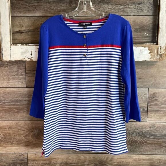 JONES NEW YORK Ladies Nautical Stripes Pullover Top Size Large Blue White Red - Picture 2 of 7